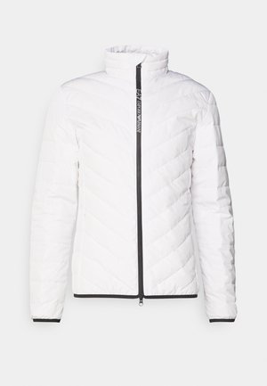 Valge õhkpuffy jakk, millel on kõrge krae, diagonaalne litritunne, must tõmblukk ning must äär käiste ja hemil.