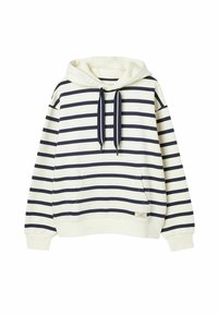 Námornícky modrá a krémová pruhovaná mikina s kapucňou a predným vreckom, sťahovacou šnúrkou a rebrovanými manžetami. Na dolnej ľavej strane sa nachádza logo.