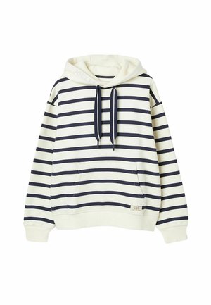 Tengeréskék és krémszínű csíkos kapucnis pulóver elülső zsebbel, kötött kapucnival és bordázott mandzsettával. A bal alsó részen logós címke található.