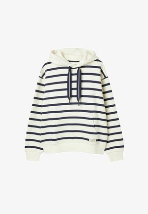 Marineblå og cremede stribede hætte-trøje med en frontlomme, snor til huen og ribbede manchetter. Har et logo mærke nederst til venstre.