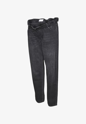 Jean en denim noir avec une taille élastique, coupe droite, délavage subtil et style classique à cinq poches.