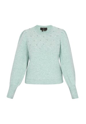Jersey de punto verde menta con mangas largas abullonadas, escote redondo y adornos de pequeños tachuelas plateadas en la parte frontal.
