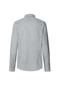 Camicia a maniche lunghe a righe verticali blu chiaro e bianche, con colletto classico e polsini abbottonati, texture del tessuto liscia.