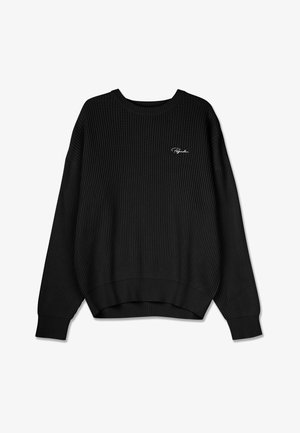 Pull noir à côtes avec un col rond, des manches longues et une coupe légèrement oversize. Présente un logo brodé blanc sur la poitrine.