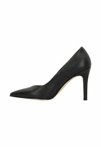 Zwarte leren hoge hak met een puntneus en slanke stilettohak. Glad textuur, minimalistisch ontwerp met een lage uitsnijding rond de voet.