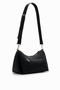 Black leather shoulder bag with a curved design, featuring a front zip pocket, adjustable strap, and glossy silver hardware accents.