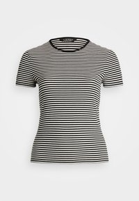 Black and white striped t-shirt with a round neckline and short sleeves. Soft fabric with horizontal stripes and contrasting trim.