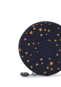 Navy Rund-Reißverschluss-Geldbörse aus Stoff, mit goldenen Sternmustern und einem strukturierten Kipling-Logo auf der Vorderseite, versehen mit einem glatten Reißverschluss-Zipper.