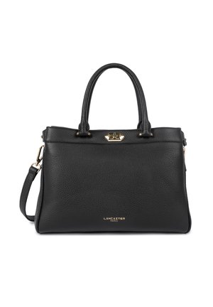 Borsa a mano in pelle nera con finitura texturizzata, dotata di manici doppi, tracolla removibile e inserti in metallo dorato. Logo impresso sulla parte frontale.