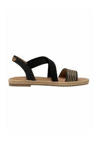 Black sandal featuring woven accents, a comfortable footbed, and a jute-wrapped sole. Crossed elastic straps provide secure foot coverage.