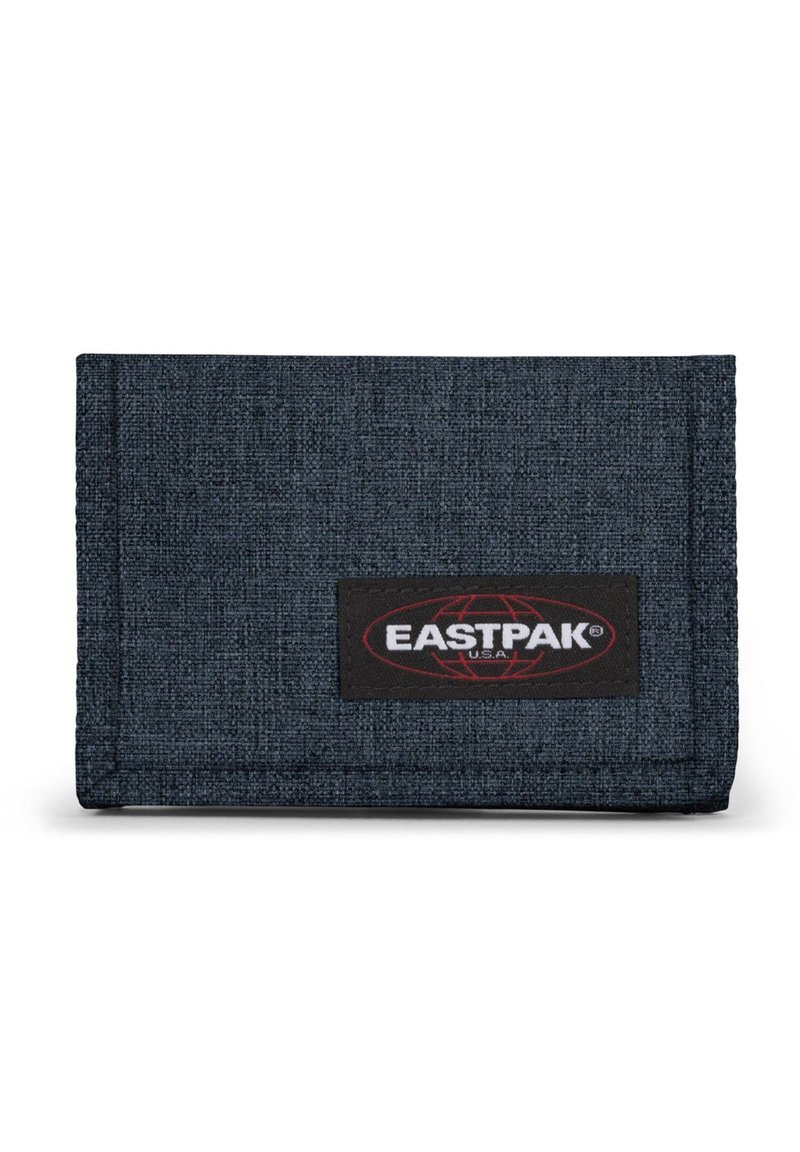 Tmavě modrá peněženka z textilního materiálu s texturovaným povrchem, s černou nášivkou loga Eastpak. Skládací design s úhlednými okraji.