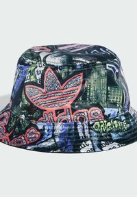 Bucket hat featuring a multicolored graffiti pattern, primarily black, with accents of red, blue, and green, and a branded logo.