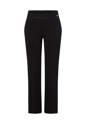 Pantalones negros ajustados hechos de una tela texturizada, con un corte slim, piernas rectas y una cinturilla suave con un discreto detalle del logo.