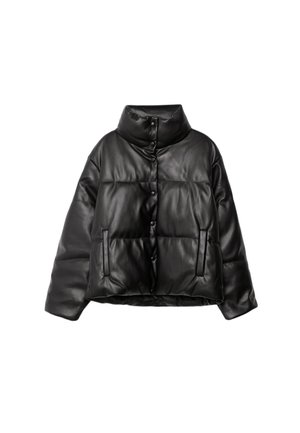 Veste en similicuir noir matelassé avec col montant, fermeture à boutons-pression et poches latérales, conçue pour les temps froids.
