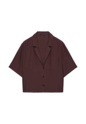 Blusa da donna a maniche corte marrone scuro, con ampio colletto, chiusura con bottoni sul davanti e vestibilità ampia, distesa su sfondo bianco.