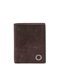Cartera de cuero marrón con acabado texturizado, diseño bifold, acentuada con un detalle de logo metálico. Bordes cosidos, tamaño compacto.