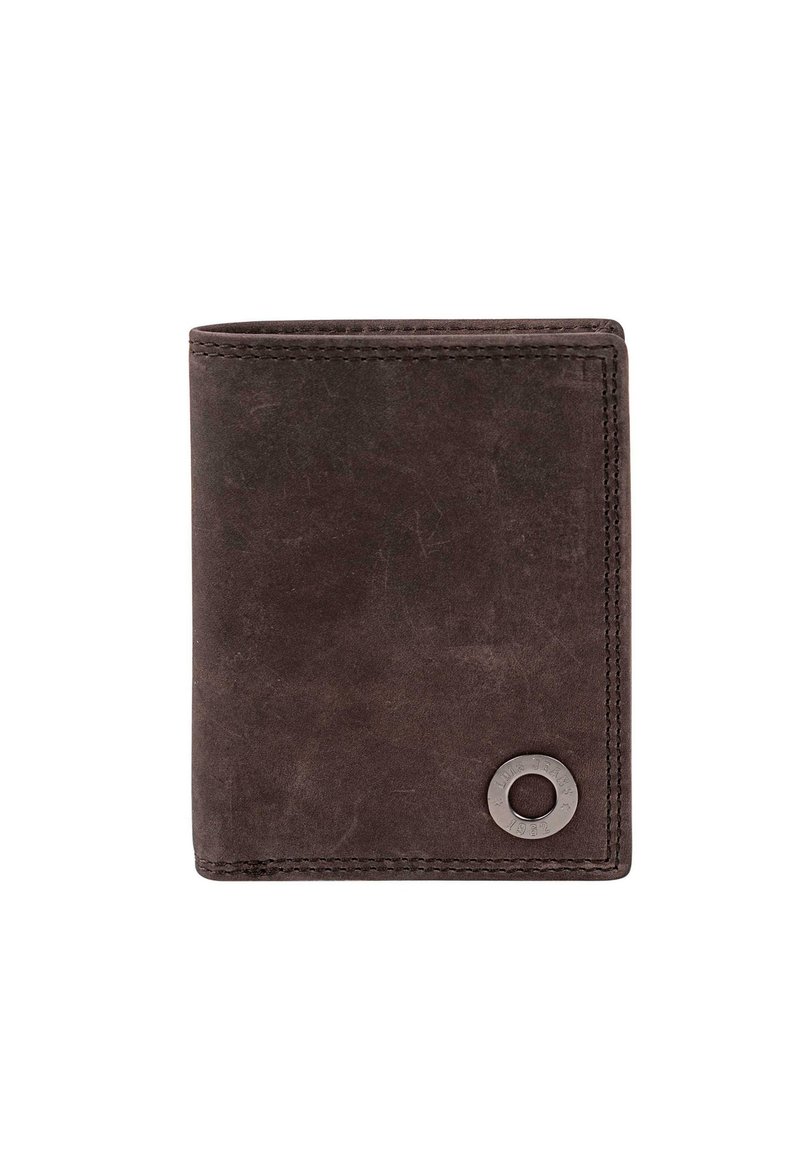 Cartera de cuero marrón con acabado texturizado, diseño bifold, acentuada con un detalle de logo metálico. Bordes cosidos, tamaño compacto.