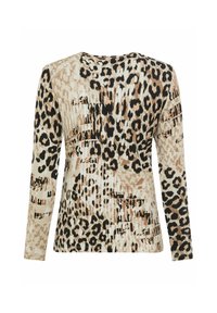 Langärmliges Oberteil mit einem Leopardenmuster in Beige, Schwarz und Creme. Mit horizontalen Streifen und Rundhalsausschnitt. Weiche Stoffstruktur.