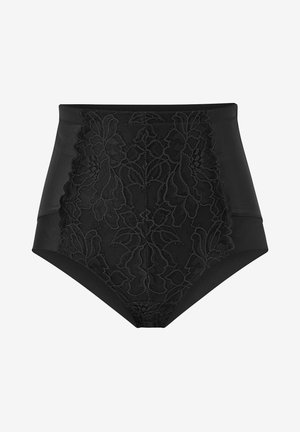 High-waisted black shapewear featuring floral lace detailing on the front and smooth fabric on the sides and back for a sleek appearance.