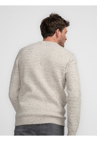 Light gray sweater made of textured knit fabric, featuring a crew neck and ribbed cuffs. Subtle speckles add detail to the design.