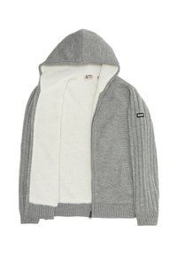 Szara bluza z kapturem na zamek, z ocieplanym wnętrzem o miękkiej, białej teksturze polarowej. Projekt uzupełniają ściągacze na rękawach i kaptur.