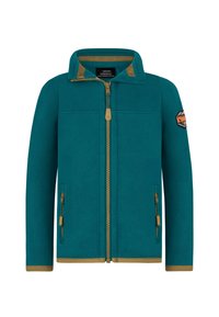 Türkisfarbener Fleece-Jacke mit vollem Reißverschluss, kontrastierenden beige Akzenten, zwei Seitentaschen und einem Logo-Patch auf dem linken Ärmel.