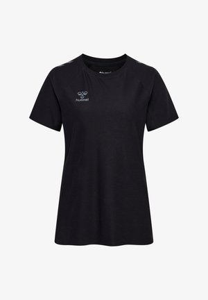 Sort kortærmet t-shirt lavet af åndbart stof, med rund halsudskæring og et subtilt logo på brystet. Accentuerede skuldre.