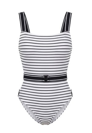 Jednoczęściowy strój kąpielowy w czarno-białe paski, z paskiem w talii, szerokimi ramiączkami oraz gładkim, elastycznym materiałem.