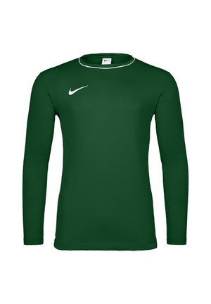 Ciemnozielona sportowa koszulka z długim rękawem, z białym logo Nike na piersi i białym wykończeniem wokół kołnierza.