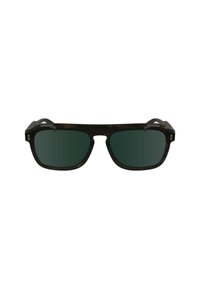 Lunettes de soleil en écaille noire avec des verres vert foncé, design de monture rectangulaire et accents en métal près des tempes. Texture lisse.