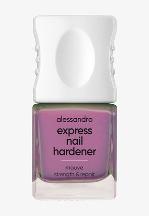 Flacon de durcisseur pour ongles Alessandro Express mauve avec un bouchon ergonomique blanc pour renforcer et réparer.