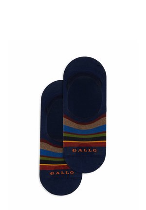 Marinefarbene No-Show-Socken mit mehrfarbigen Wellenmustern in Blau, Braun, Rot und Grün. "GALLO"-Logo in Orange an der Vorderseite. Weicher Stoff.