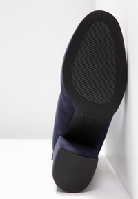Chaussure à talon haut en daim bleu foncé reposant sur la semelle contre un mur blanc, montrant la semelle extérieure en caoutchouc noir texturée avec le nom de la marque et la pointure.