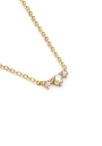 Collana in oro con tre gemme trasparenti, dal texture liscia e finitura lucida. Le gemme sono incastonate in montature rotonde e rialzate.