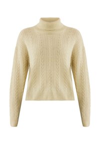 Maglione color crema con colletto a imbuto a costine, caratterizzato da un motivo a trecce e maniche ampie, realizzato in un morbido tessuto testurizzato.