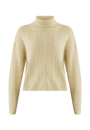 Kremowy sweter z prążkowanym golfem, zdobiony wzorem w warkocze i szerokimi rękawami, uszyty z miękkiego, teksturowanego materiału.