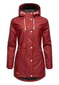 Red waterproof jacket with a hood, two chest pockets, drawstring accents, and a zipper pocket. Features a contrasting black patterned lining.