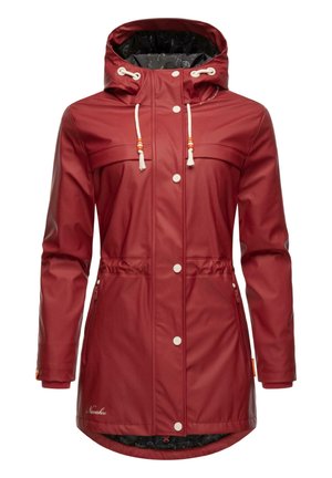 Red waterproof jacket with a hood, two chest pockets, drawstring accents, and a zipper pocket. Features a contrasting black patterned lining.