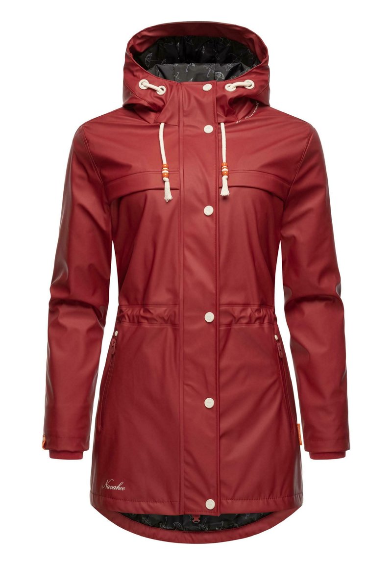 Red waterproof jacket with a hood, two chest pockets, drawstring accents, and a zipper pocket. Features a contrasting black patterned lining.