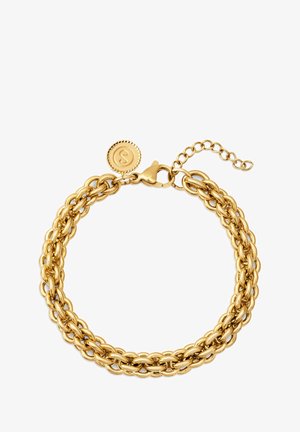 Bracciale in oro con anelli ovali intrecciati, chiusura a moschettone e una catena regolabile con un ciondolo a disco impresso con un logo.
