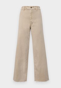 Beige Weitbein-Jeans aus Denim mit hoher Taille, fransigem Saum und klassischem Fünf-Taschen-Design. Geeignet für den Freizeitlook.