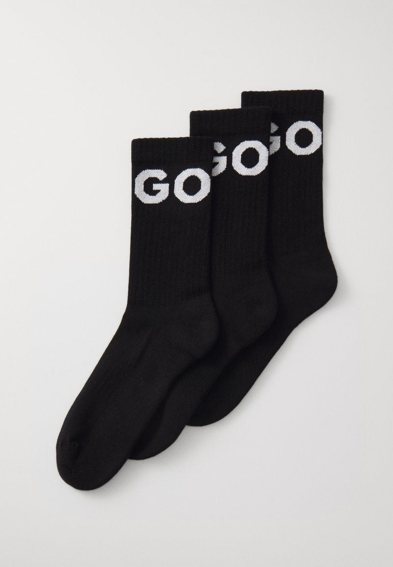 Black cotton socks, ribbed design, featuring the word "GO" in white letters across the upper. Three pairs stacked together.