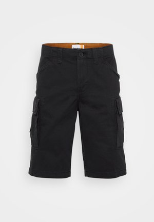 Svarte cargo shorts med en avslappet passform, med sidelommer og knapplukking. Laget av slitesterkt stoff med en jevn tekstur.