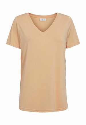 Persikofärgad t-shirt med V-ringning, korta ärmar och en avslappnad passform gjord av ett mjukt, slätt tyg. Har diskret sömnad längs fållen.