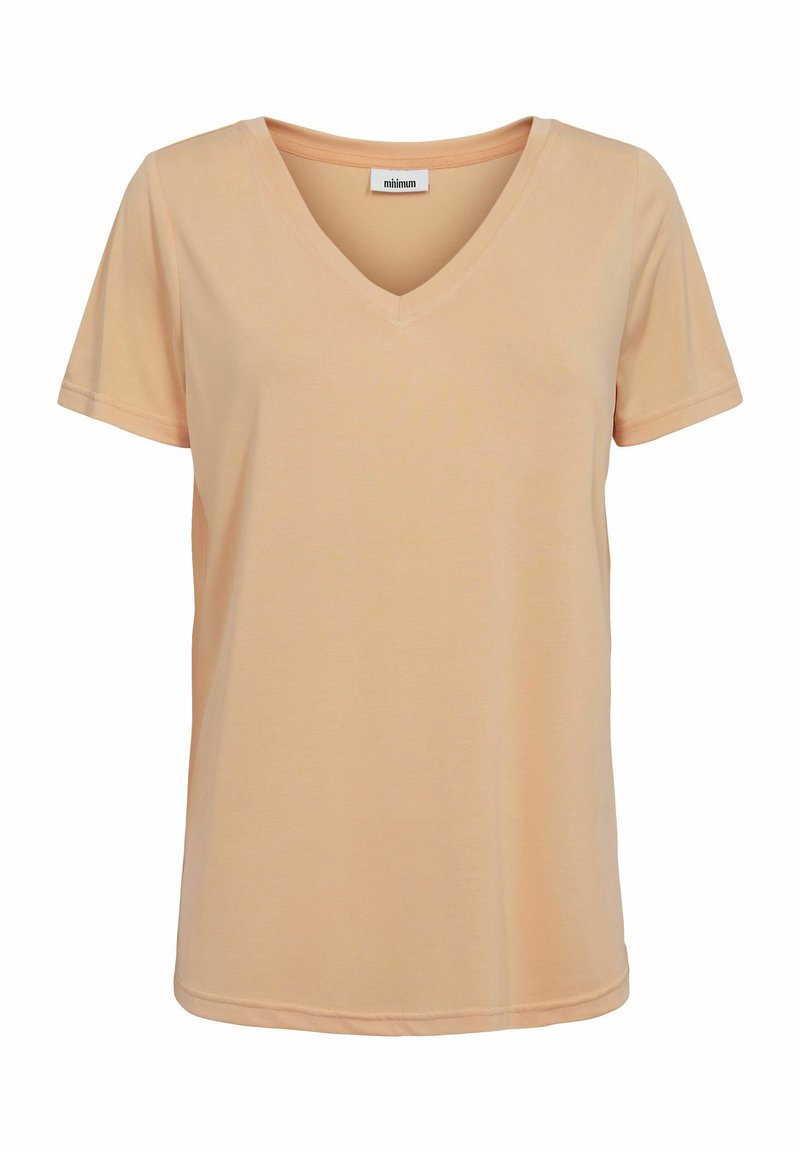 Perzikgekleurde t-shirt met een V-hals, korte mouwen en een ontspannen pasvorm, gemaakt van een zachte, gladde stof. Heeft discrete stiksels langs de zoom.