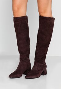 Botas de ante marrón oscuro hasta la rodilla, con tacón bloque, punta afilada y textura suave. Presentan un diseño ajustado y minimalistas adornos.