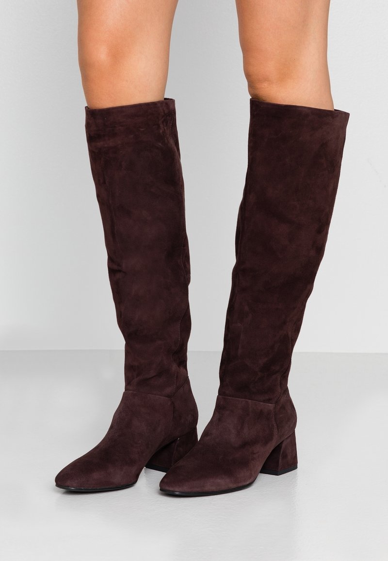 Botas de ante marrón oscuro hasta la rodilla, con tacón bloque, punta afilada y textura suave. Presentan un diseño ajustado y minimalistas adornos.