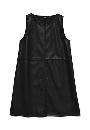 Czarna sukienka bez rękawów z sztucznej skóry, z okrągłym dekoltem, sylwetką w kształcie litery A oraz widocznymi przeszyciami. Gładka faktura, długość do połowy uda.