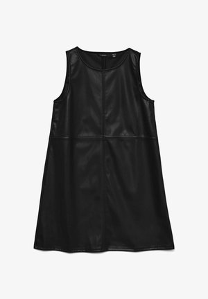 Vestido sin mangas de cuero sintético negro con cuello redondo, silueta en línea A y detalles de costuras visibles. Textura lisa, diseño de longitud media.