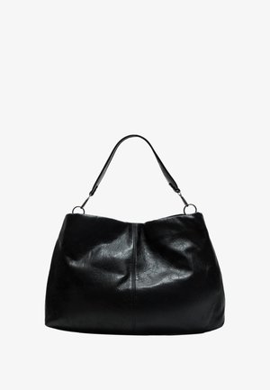 Schwarze Lederhandtasche mit weicher Textur, runder Form und einem einzelnen Tragegurt. Hat eine zentrale Naht an der Vorderseite.